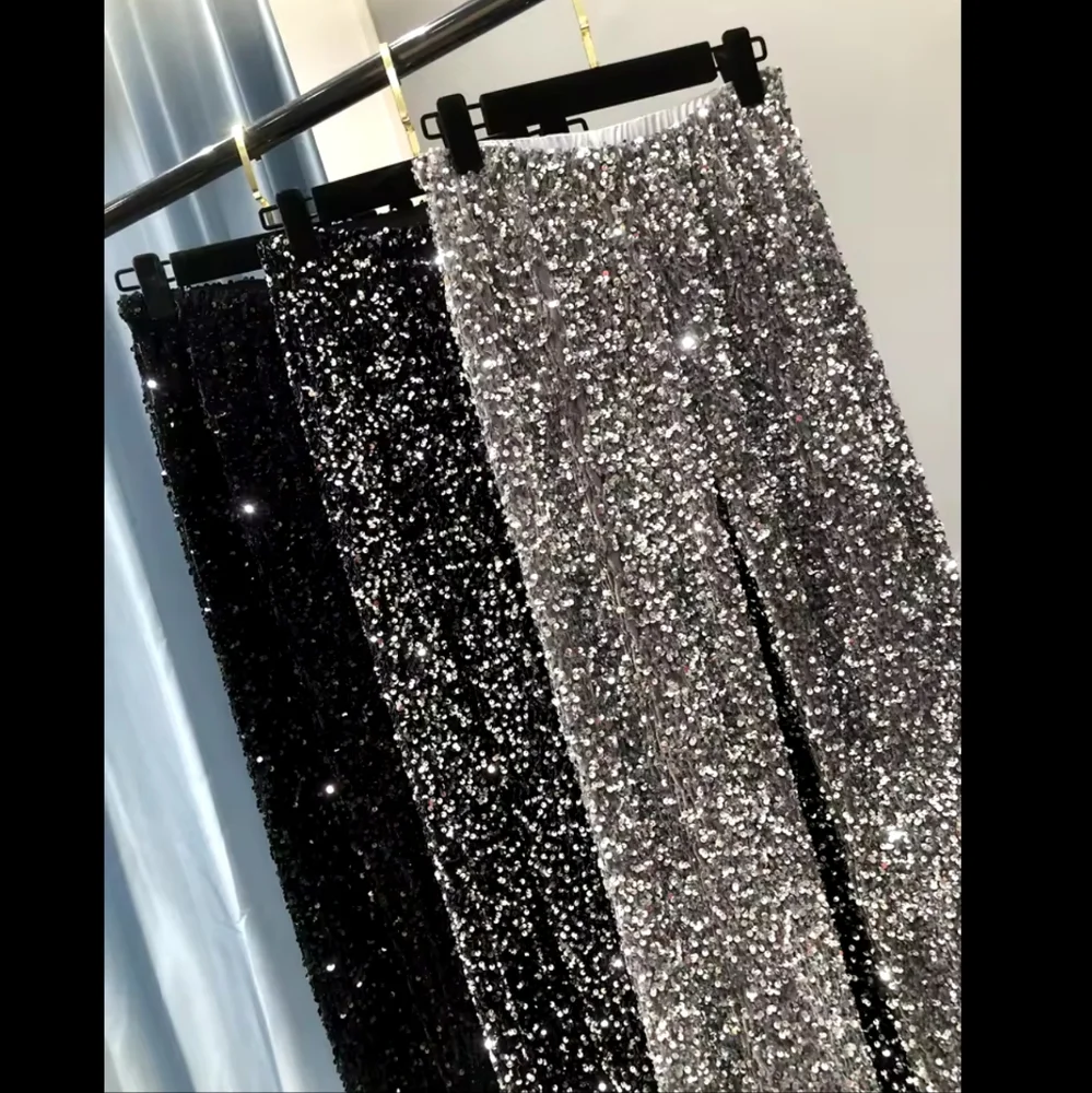 Women's Fashion Trendy Sparkling Gold Pants Relaxation of Tall Waist Wide-legged - Picture 2 of 6